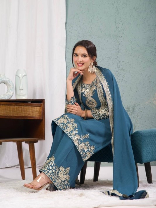 Premium Heavy Embroidered Kurta, Palazzo & Dupatta Set