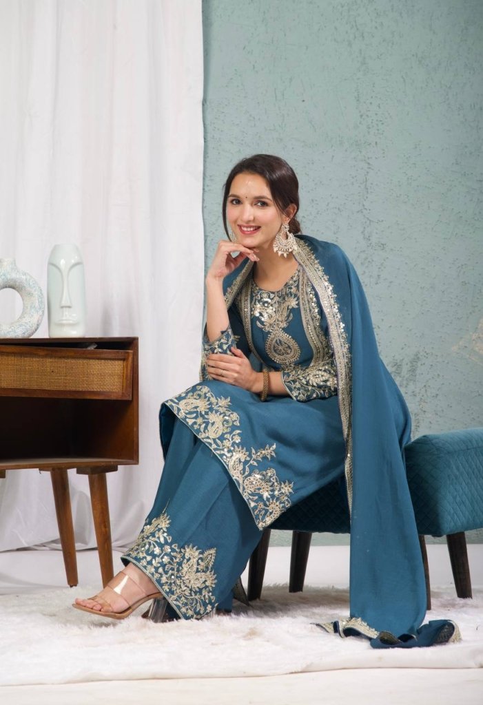 Premium Heavy Embroidered Kurta, Palazzo & Dupatta Set