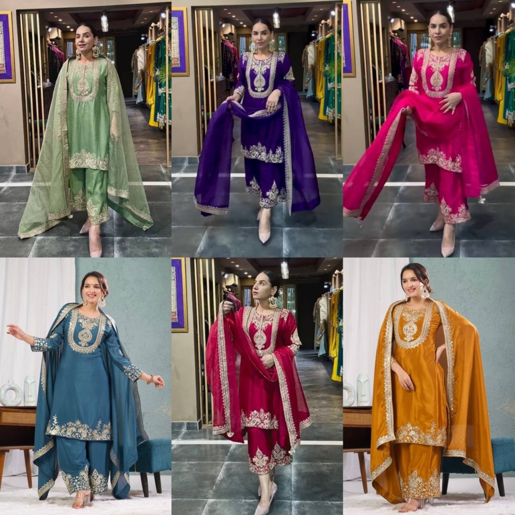 Premium Heavy Embroidered Kurta, Palazzo & Dupatta Set