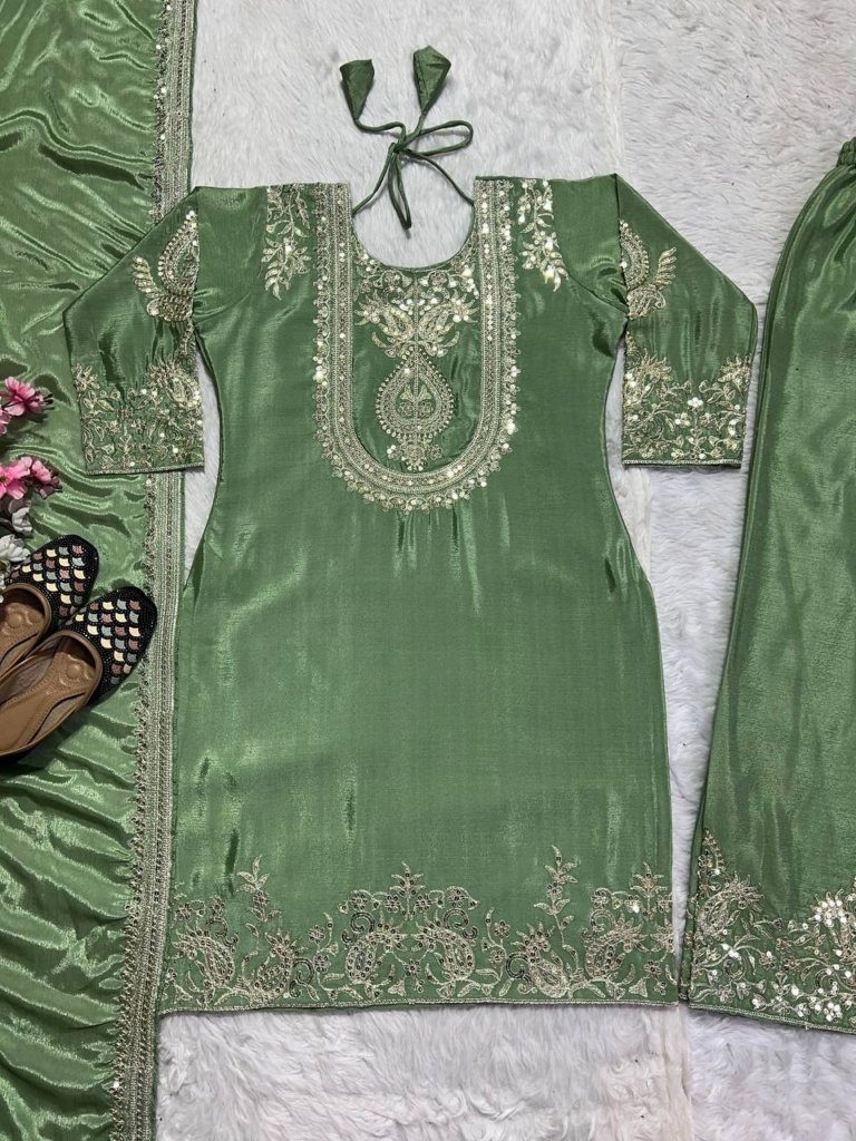 Premium Heavy Embroidered Kurta, Palazzo & Dupatta Set