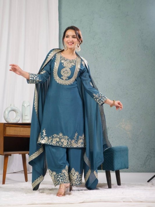Premium Heavy Embroidered Kurta, Palazzo & Dupatta Set