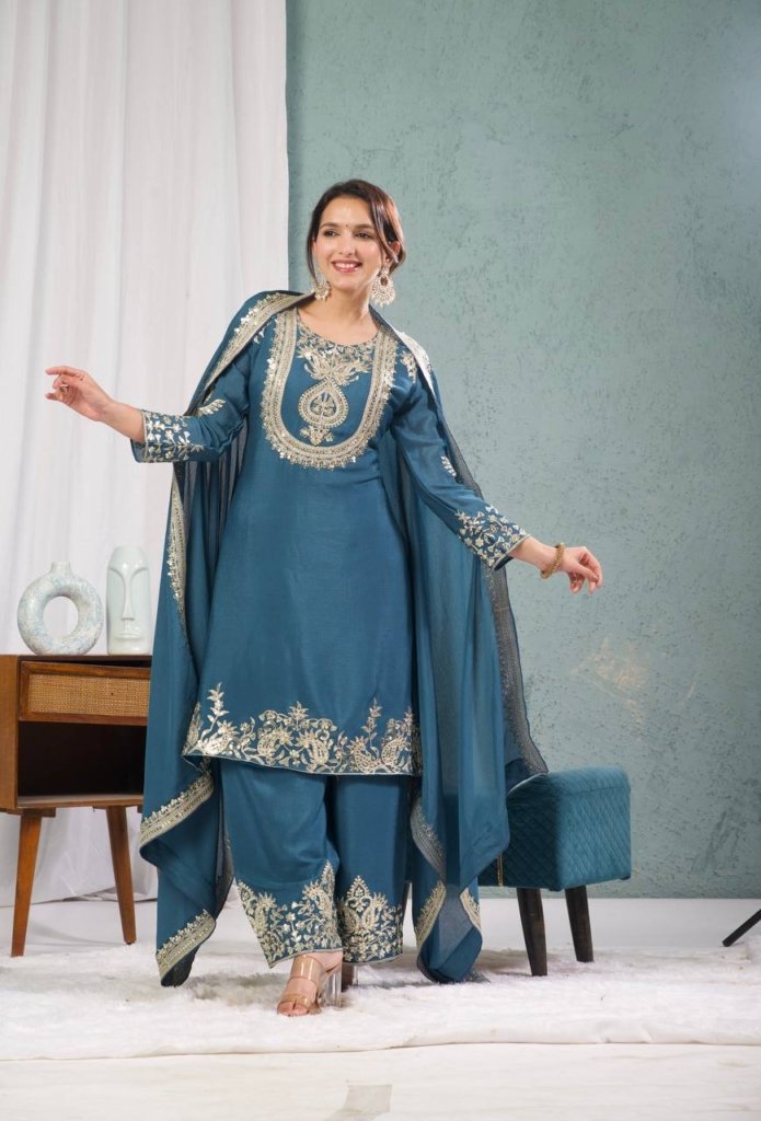 Premium Heavy Embroidered Kurta, Palazzo & Dupatta Set