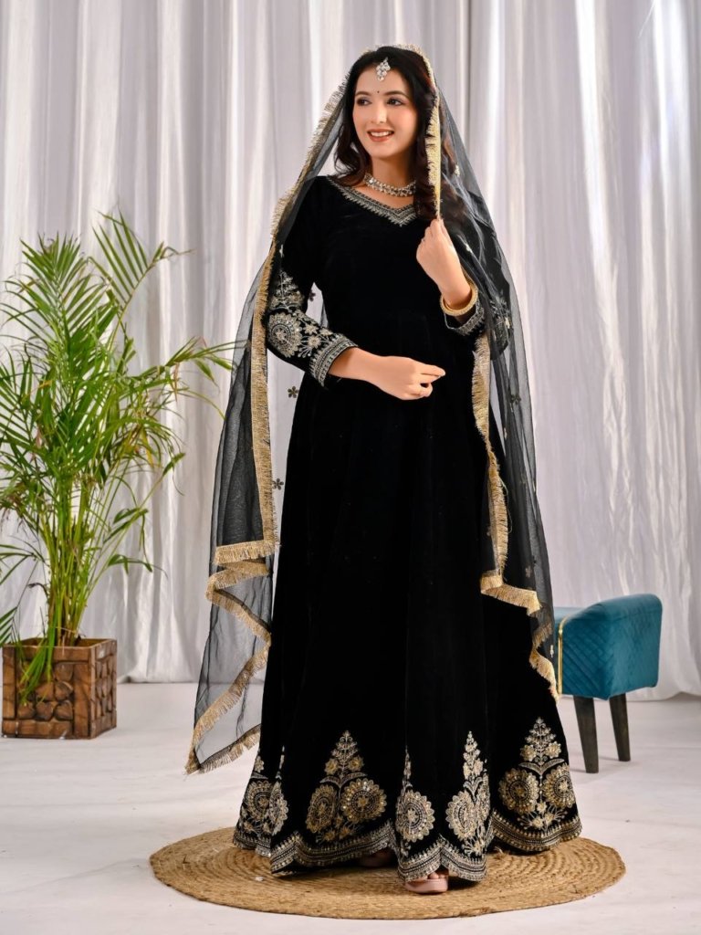 Black Gown with Sequence Big Border | Readymade Gown