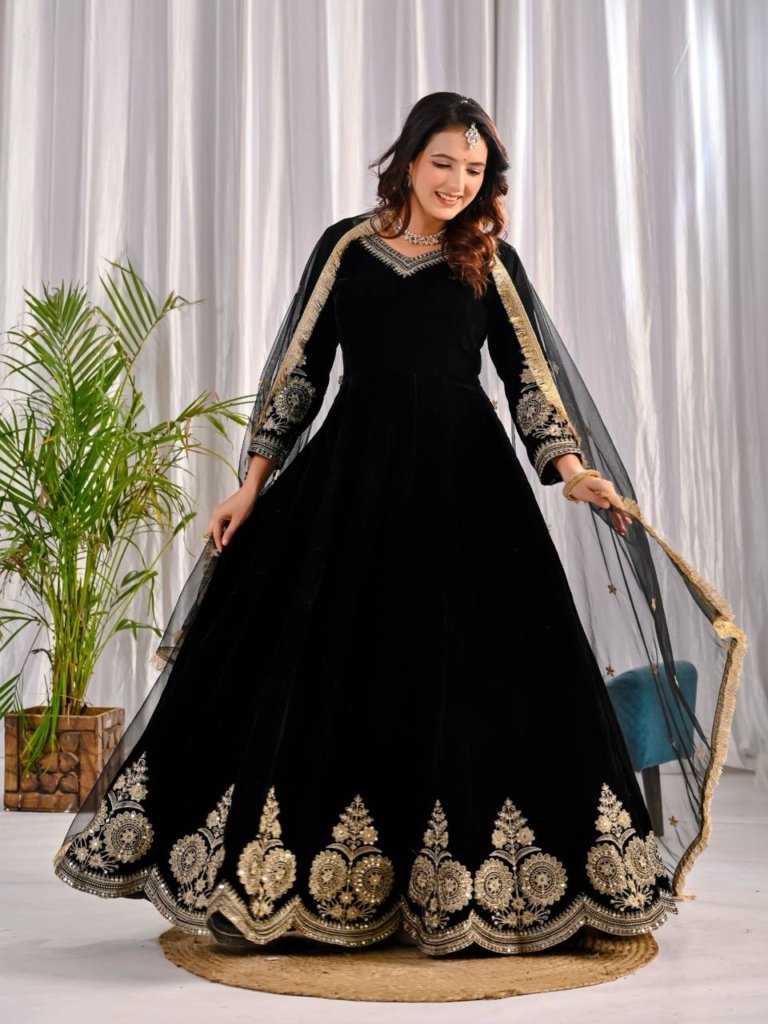 Black Gown with Sequence Big Border | Readymade Gown
