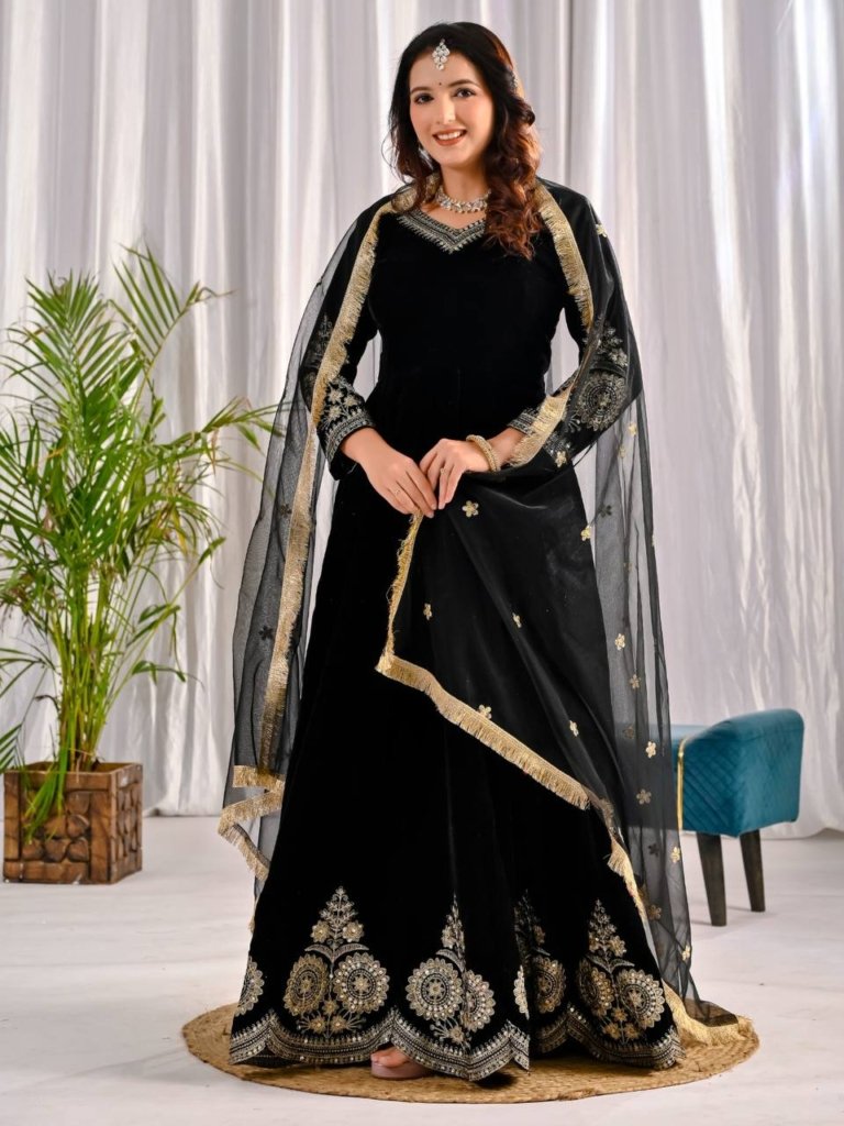 Black Gown with Sequence Big Border | Readymade Gown