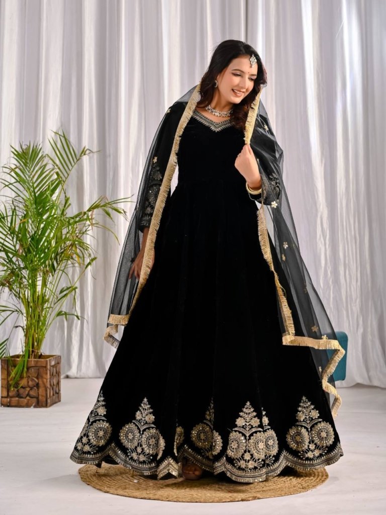 Black Gown with Sequence Big Border | Readymade Gown