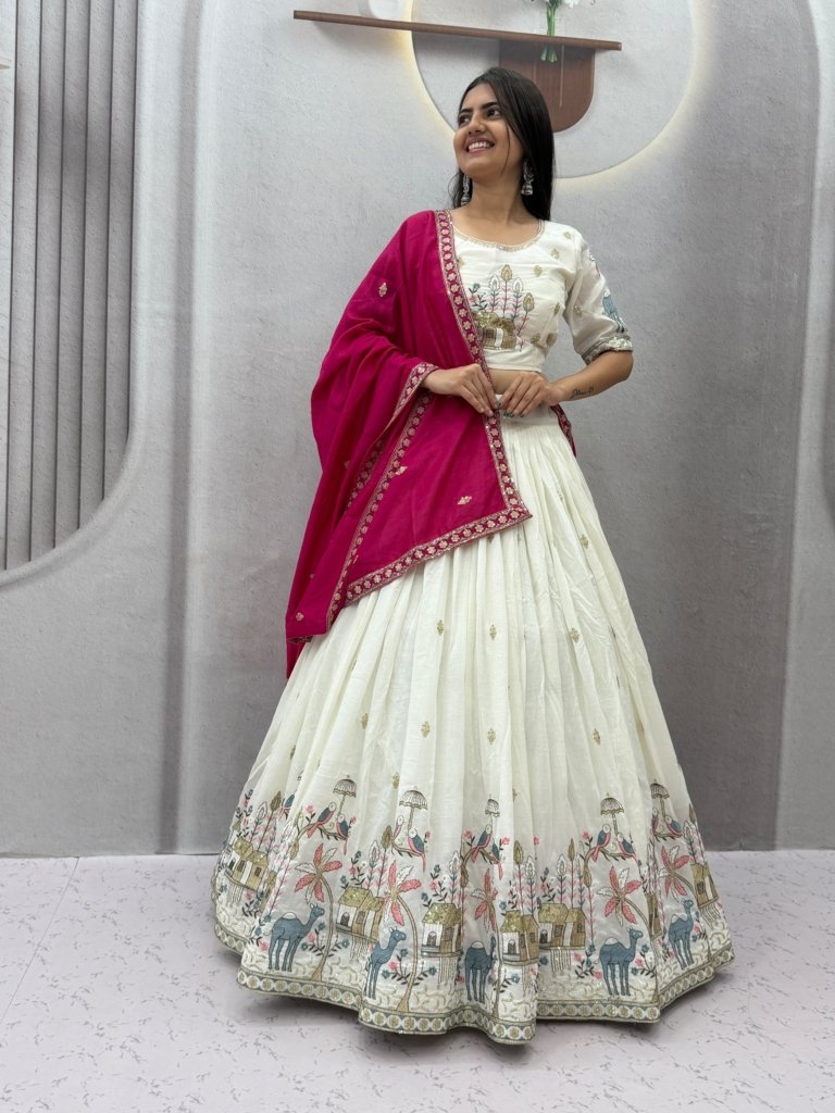 Designer Bridal Lehenga in Off White Vichitra Silk Wedding Lehenga for Bridal