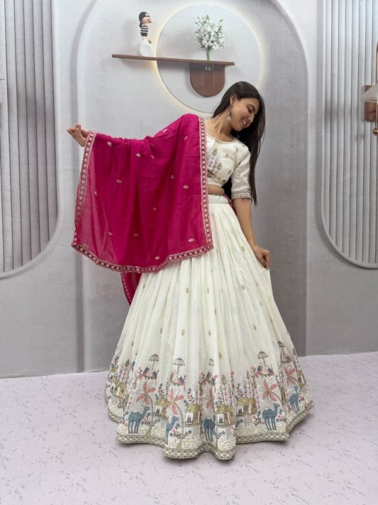 Designer Bridal Lehenga in Off White Vichitra Silk Wedding Lehenga for Bridal