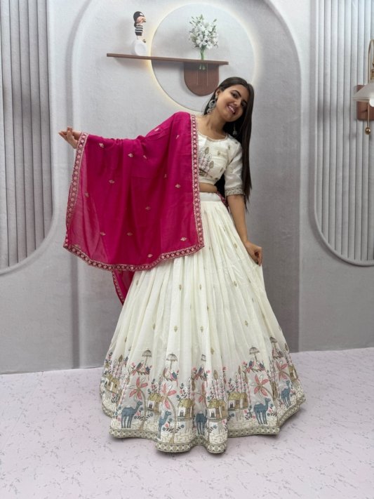 Designer Bridal Lehenga in Off White Vichitra Silk Wedding Lehenga for Bridal
