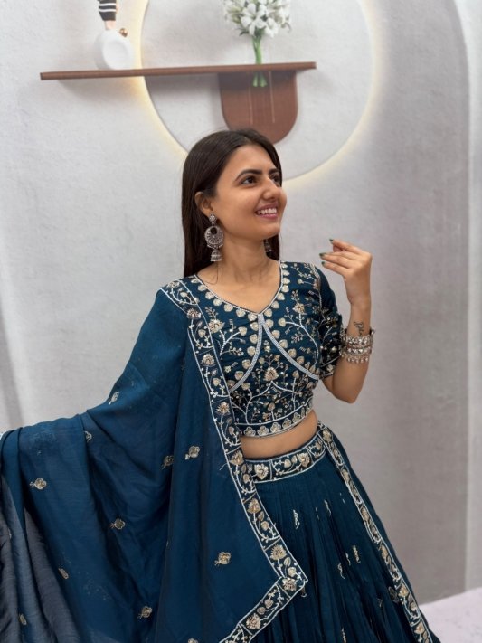 Peacock Embroidery Lehenga Choli in Teal Chinon Ready to Wear Lehenga – view 9