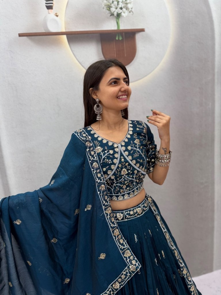 Peacock Embroidery Lehenga Choli in Teal Chinon Ready to Wear Lehenga