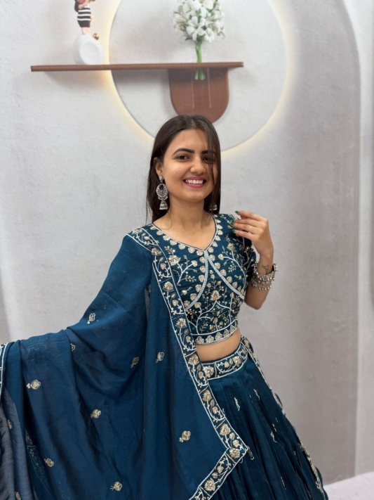 Peacock Embroidery Lehenga Choli in Teal Chinon Ready to Wear Lehenga – view 8