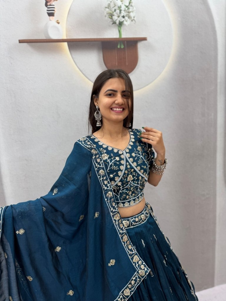 Peacock Embroidery Lehenga Choli in Teal Chinon Ready to Wear Lehenga