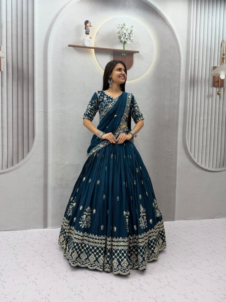 Peacock Embroidery Lehenga Choli in Teal Chinon Ready to Wear Lehenga