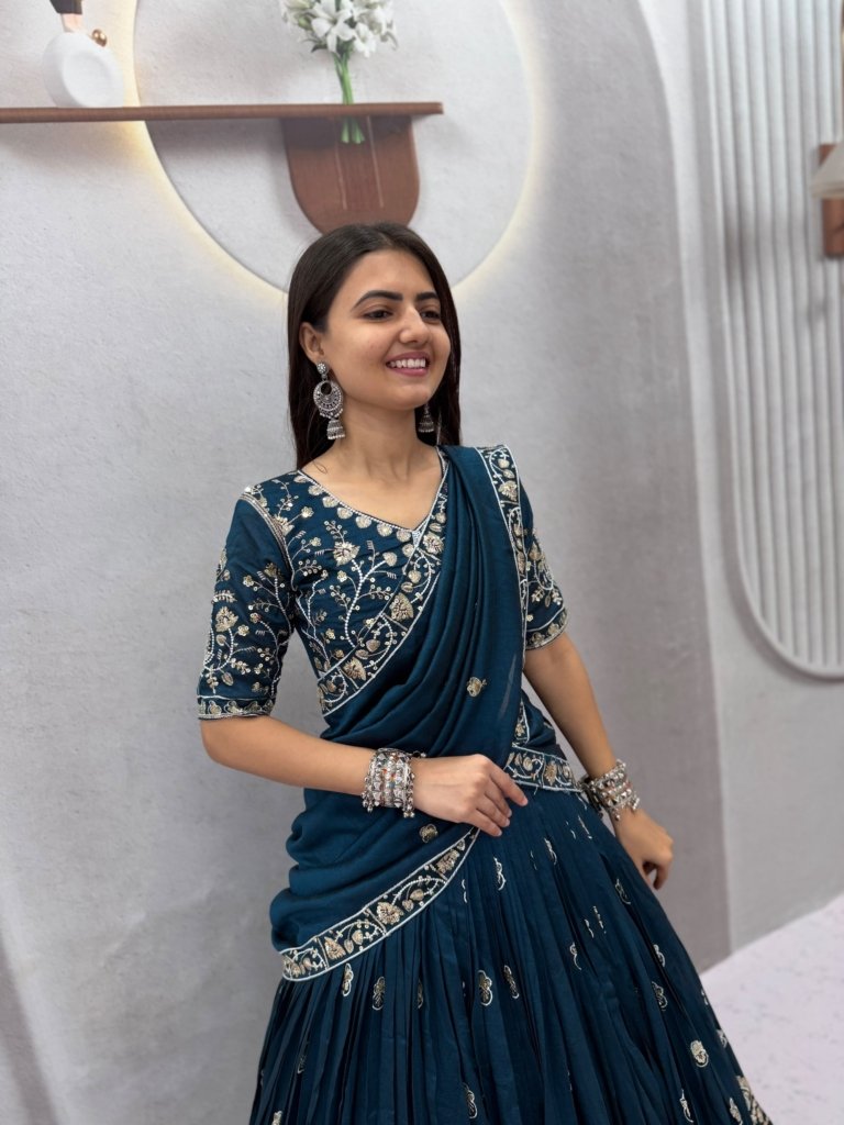 Peacock Embroidery Lehenga Choli in Teal Chinon Ready to Wear Lehenga