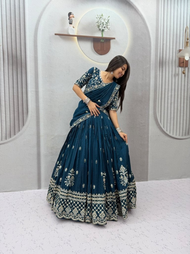 Peacock Embroidery Lehenga Choli in Teal Chinon Ready to Wear Lehenga