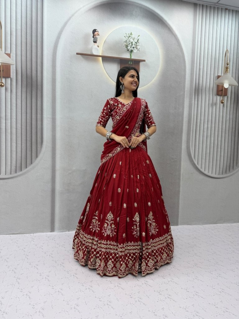 Peacock Embroidery Lehenga Choli in Teal Chinon Ready to Wear Lehenga