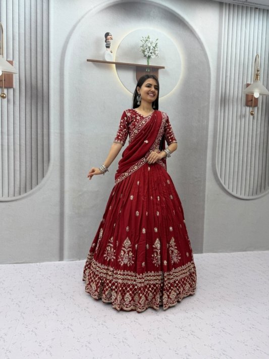 Peacock Embroidery Lehenga Choli in Teal Chinon Ready to Wear Lehenga
