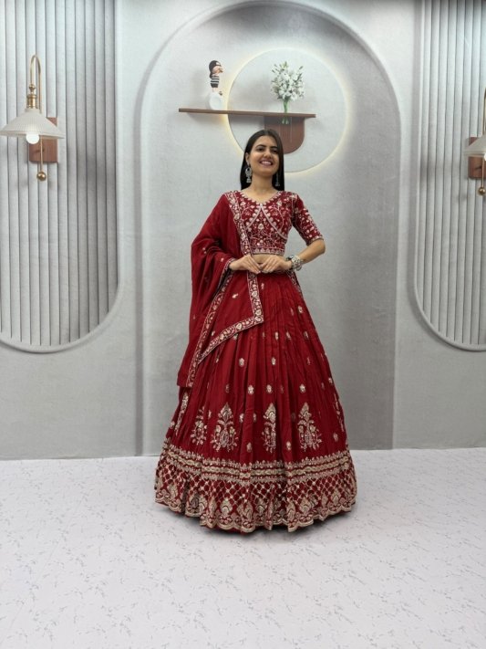 Peacock Embroidery Lehenga Choli in Teal Chinon Ready to Wear Lehenga
