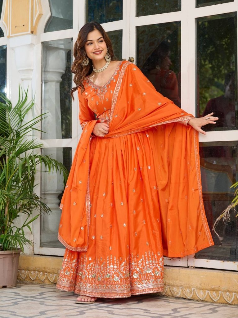 Elegant American Silk Gown - Padded Sequin Work Party Wear
