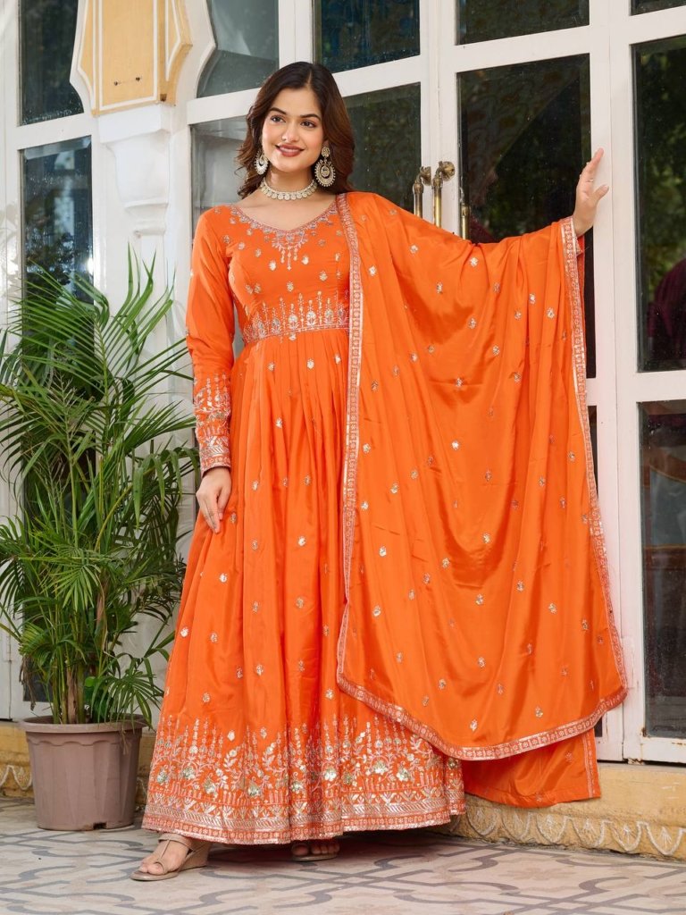 Elegant American Silk Gown - Padded Sequin Work Party Wear