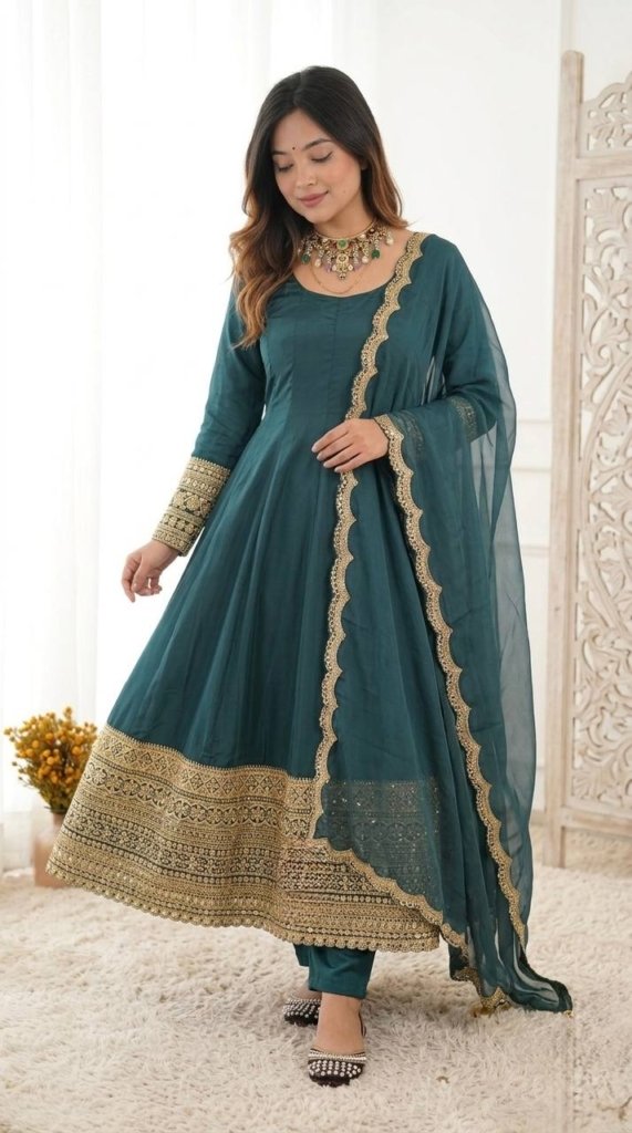 Teal Green Heavy Embroidered Anarkali Gown with Organza Dupatta for Wedding Wear