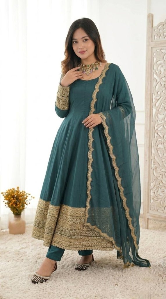 Teal Green Heavy Embroidered Anarkali Gown with Organza Dupatta for Wedding Wear