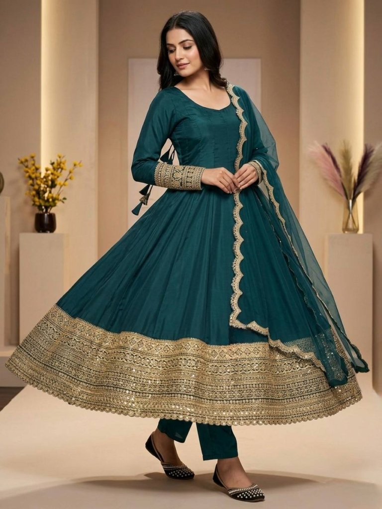 Teal Green Heavy Embroidered Anarkali Gown with Organza Dupatta for Wedding Wear