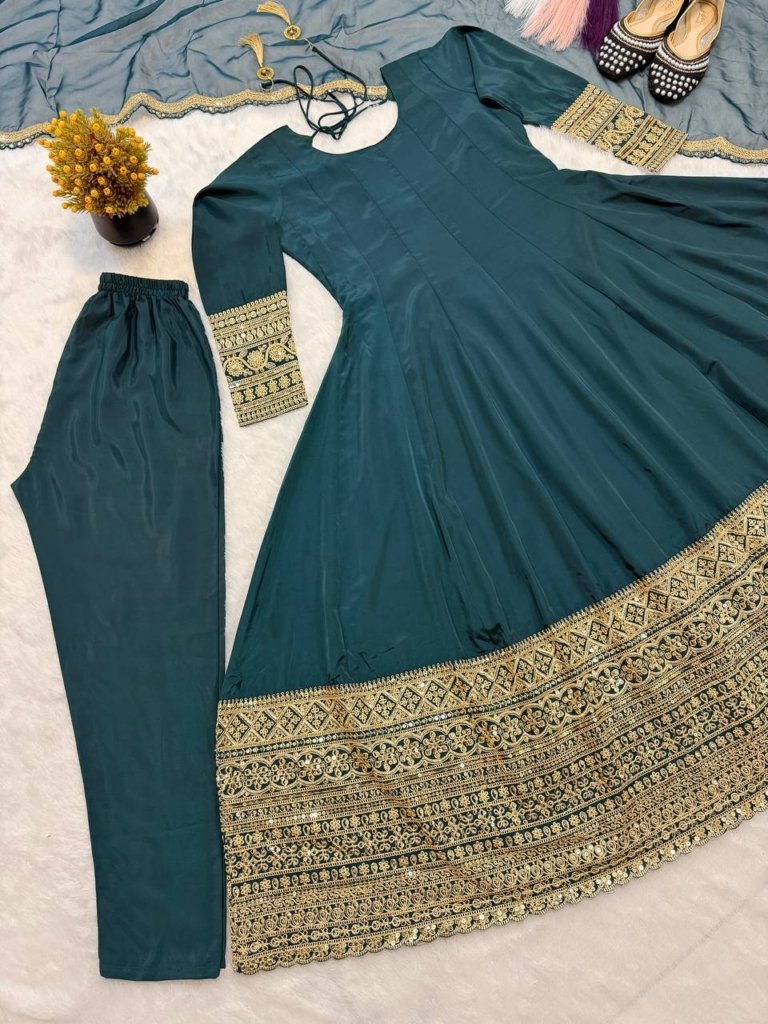 Teal Green Heavy Embroidered Anarkali Gown with Organza Dupatta for Wedding Wear
