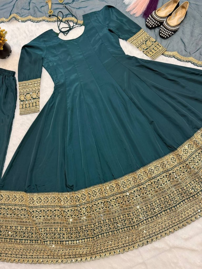 Teal Green Heavy Embroidered Anarkali Gown with Organza Dupatta for Wedding Wear