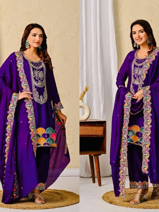 Royal Purple Designer Party Wear 3-Piece Suit