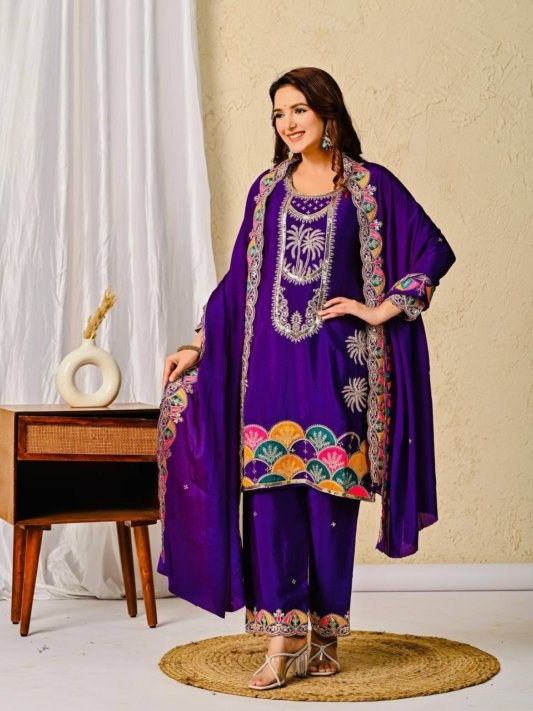 Royal Purple Designer Party Wear 3-Piece Suit