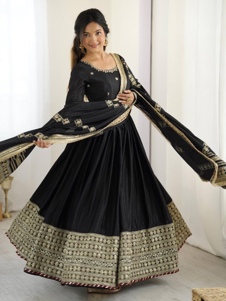 Designer Chinon Silk Heavy Sequence Work Anarkali Set With Dupatta