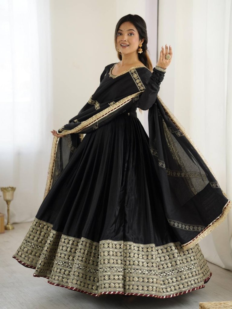 Designer Chinon Silk Heavy Sequence Work Anarkali Set With Dupatta