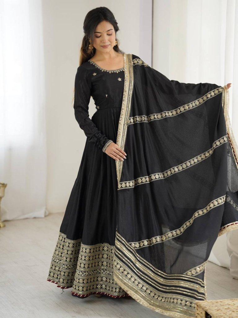 Designer Chinon Silk Heavy Sequence Work Anarkali Set With Dupatta