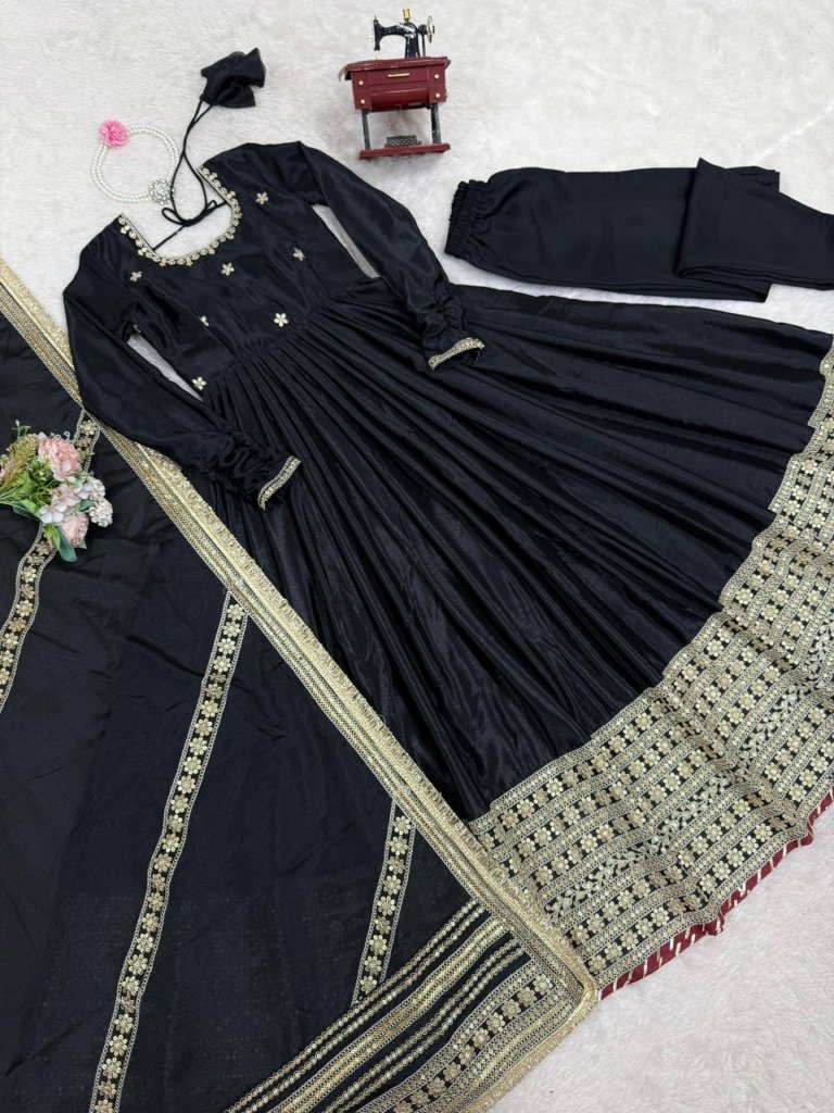 Designer Chinon Silk Heavy Sequence Work Anarkali Set With Dupatta