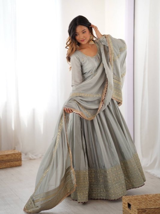 Designer Chinon Silk Heavy Sequence Work Anarkali Set With Dupatta – view 10