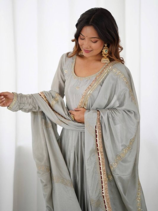 Designer Chinon Silk Heavy Sequence Work Anarkali Set With Dupatta – view 11