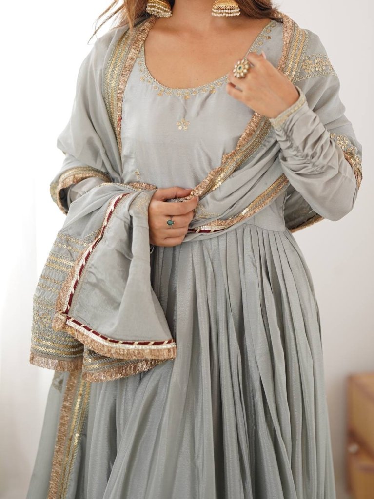 Designer Chinon Silk Heavy Sequence Work Anarkali Set With Dupatta