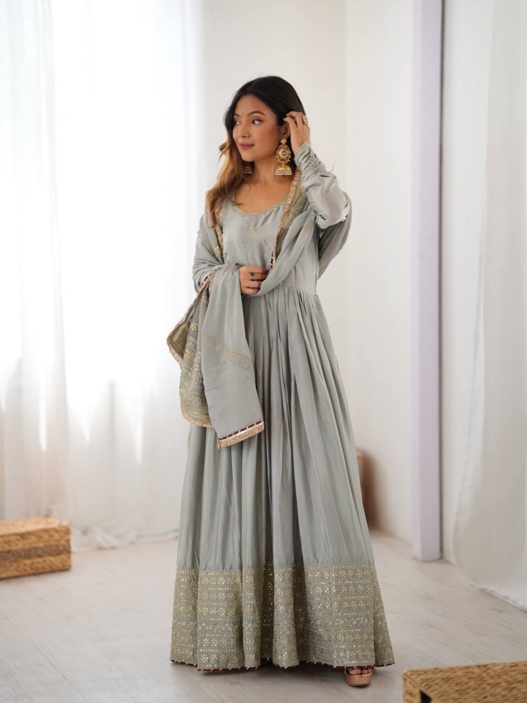 Designer Chinon Silk Heavy Sequence Work Anarkali Set With Dupatta