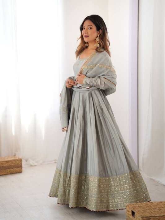 Designer Chinon Silk Heavy Sequence Work Anarkali Set With Dupatta