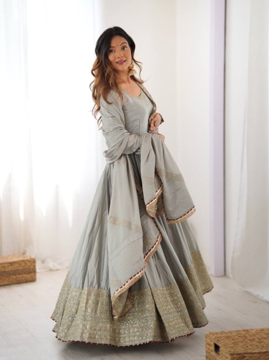 Designer Chinon Silk Heavy Sequence Work Anarkali Set With Dupatta – view 6