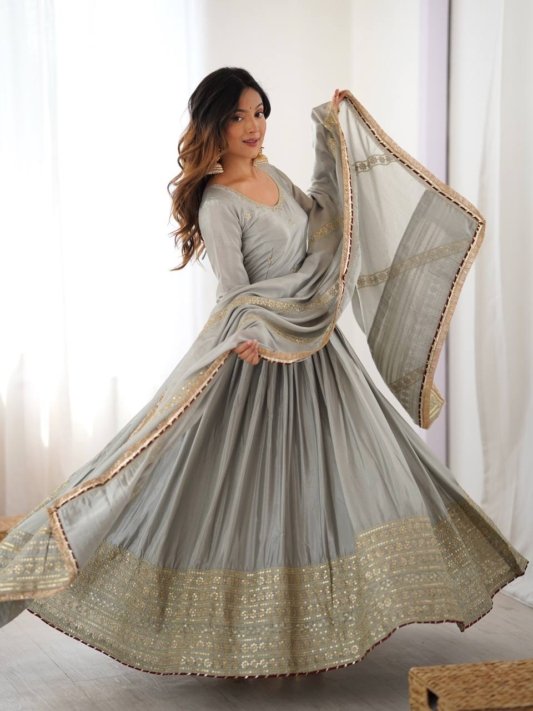 Designer Chinon Silk Heavy Sequence Work Anarkali Set With Dupatta