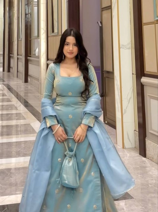 Sky Blue Designer Fandy Silk Plazo Set with Sequins Work & Dupatta