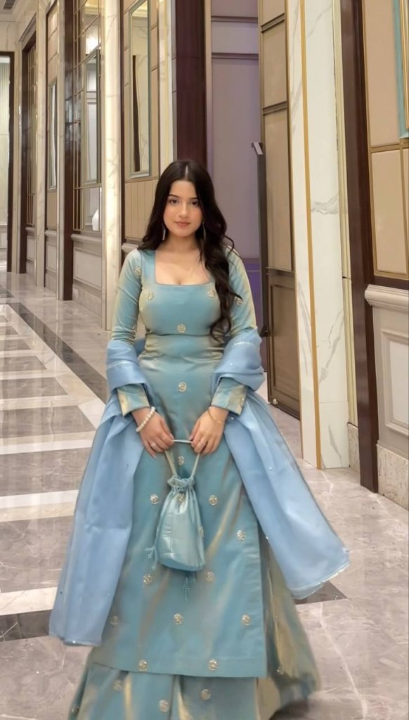 Sky Blue Designer Fandy Silk Plazo Set with Sequins Work & Dupatta