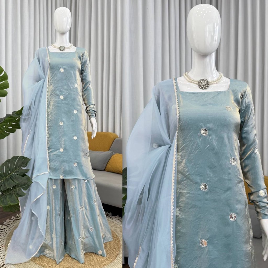 Sky Blue Designer Fandy Silk Plazo Set with Sequins Work & Dupatta