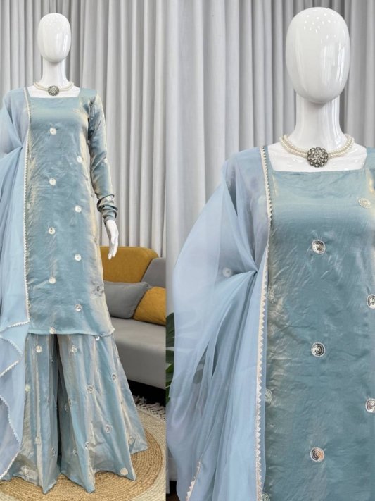 Sky Blue Designer Fandy Silk Plazo Set with Sequins Work & Dupatta