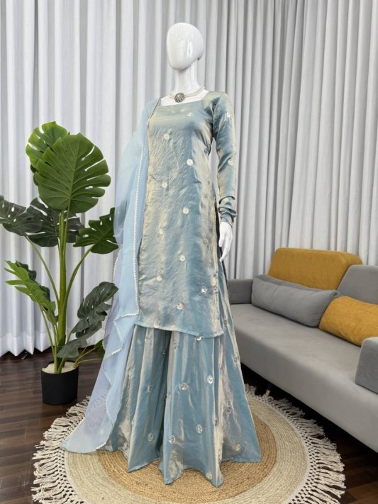 Sky Blue Designer Fandy Silk Plazo Set with Sequins Work & Dupatta – view 6