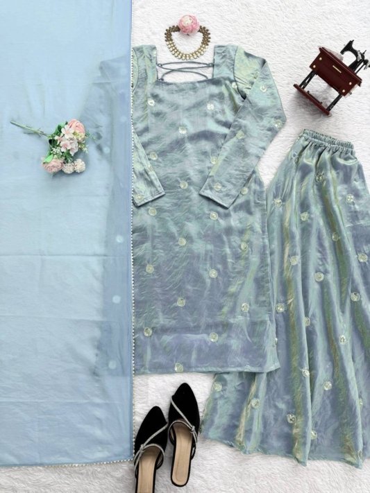 Sky Blue Designer Fandy Silk Plazo Set with Sequins Work & Dupatta – view 7