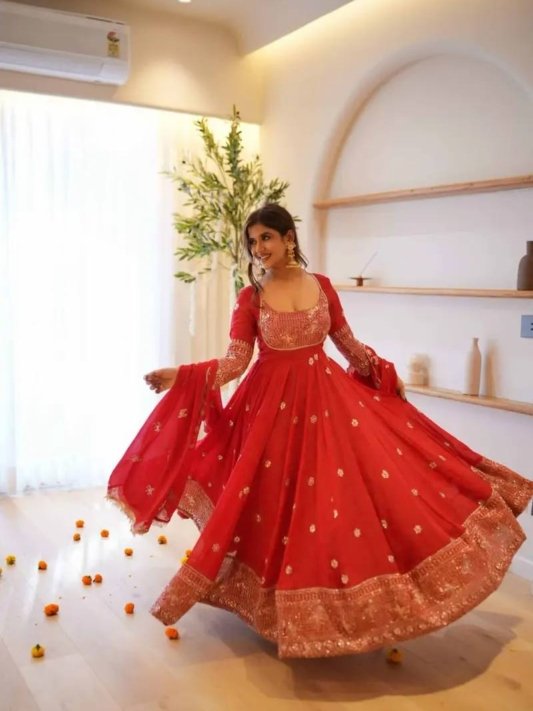 Red Georgette Anarkali Suit with Thread and Sequin Work